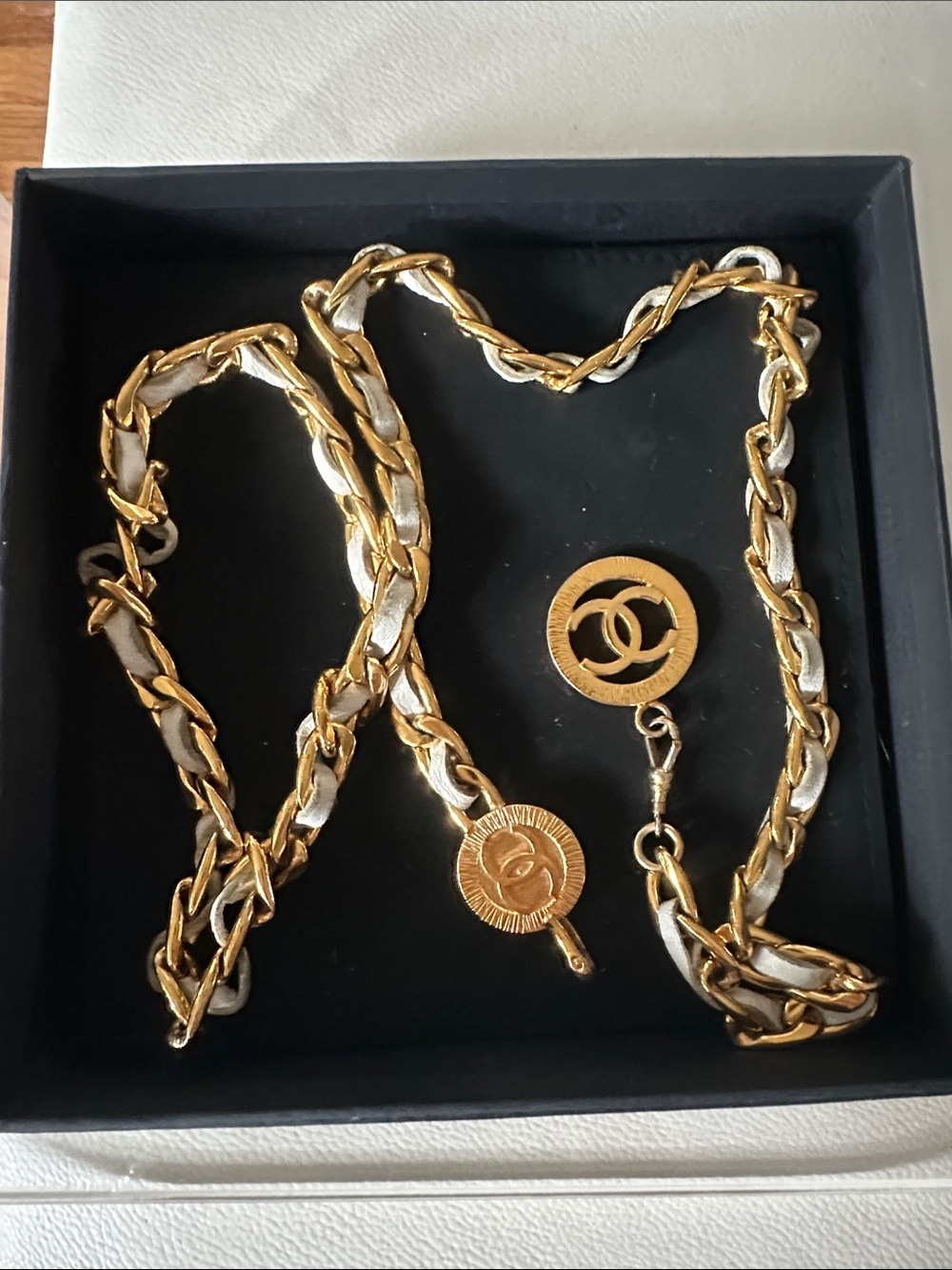 CHANEL Gold-Tone Chain Belt with White Leather Weave and Double CC Charms